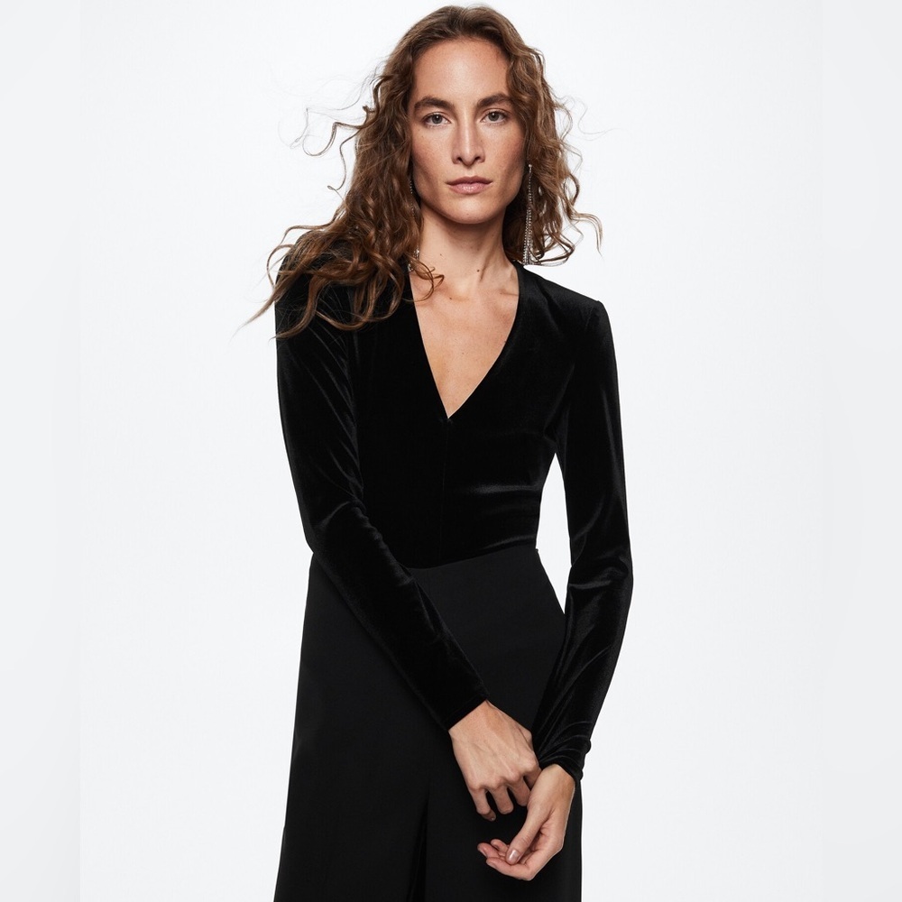 Mango Classic Velvet V-neck Black Top